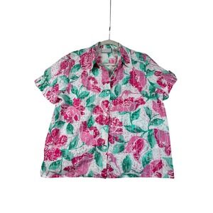 Alfred Dunner Petite Floral Print Button Down‎ Short Sleeve Shirt Light Weight